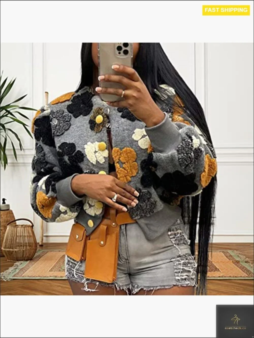 Cropped Floral Fleece Bomber Jacket Puff Sleeve Vintage Y2K Casual Outerwear - Picture 4 of 7